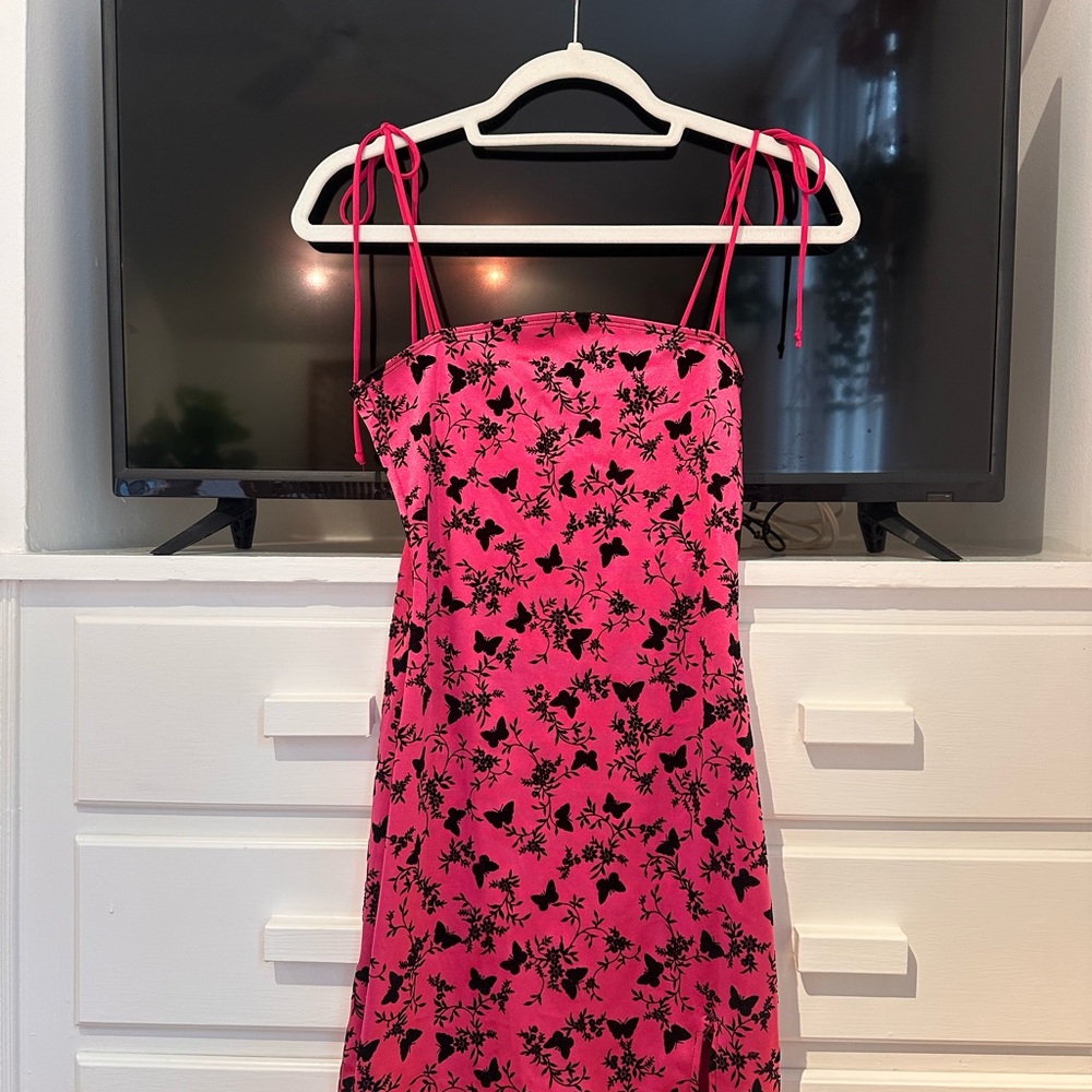 Urban Outfitters Hot Pink Mini Dress with Black Floral Print